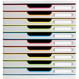 Exacompta MODULO A4 Schubladenbox Weiß/Harlekin, 10 geschlossene Schubladen A4/A4+, leise, Sicherheitsstopp, stapelbar