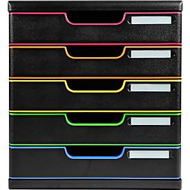 Exacompta MODULO A4 Schwarz/Harlekin, 5 Schubladen geschlossen A4/A4+, staubgeschützt, leise, Sicherheitsstopp