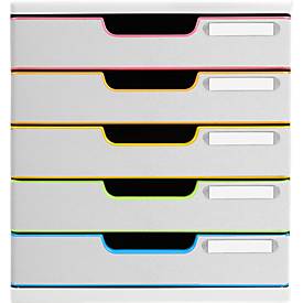 Exacompta MODULO A4 Weiß/Harlekin, 5 Schubladen geschlossen A4/A4+, staubgeschützt, leise, Sicherheitsstopp