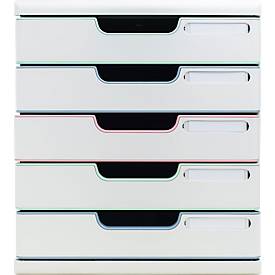 Exacompta Modulo Schubladenbox Autentik, für A4/A4+, aus recyceltem Kunststoff, geschlossene Schubladen, stapelbar, leiser Auszug, 5 Schubladen, weiß