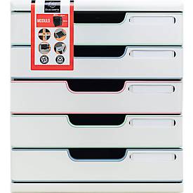 Exacompta Modulo Schubladenbox Autentik, für A4/A4+, aus recyceltem Kunststoff, geschlossene Schubladen, stapelbar, leiser Auszug, 5 Schubladen, weiß