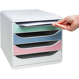 Exacompta Pop Box Schubladenbox, für A4/A4+, aus recyceltem Kunststoff, geschlossene Schubladen, stapelbar, leiser Auszug, 4 Schubladen, farbsortiert
