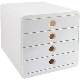 Exacompta Pop Box Schubladenbox, für A4/A4+, aus recyceltem Kunststoff, geschlossene Schubladen, stapelbar, leiser Auszug, 4 Schubladen, weiß