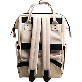 Exacompta Rucksack Exactive®, mattes PU, Laptopfach bis 14″, viele Fächer, 2 Tragegriffe, Trolley-Schlaufe, B 250 x H 380 x T 200 mm, beige