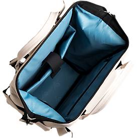 Exacompta Rucksack Exactive®, mattes PU, Laptopfach bis 14″, viele Fächer, 2 Tragegriffe, Trolley-Schlaufe, B 250 x H 380 x T 200 mm, beige