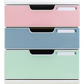 Exacompta Schubladenbox Autentik, für A4/A4+, aus recyceltem Kunststoff, geschlossene Schubladen, stapelbar, leiser Auszug, 3 Schubladen, farbsortiert