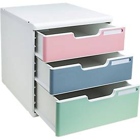 Exacompta Schubladenbox Autentik, für A4/A4+, aus recyceltem Kunststoff, geschlossene Schubladen, stapelbar, leiser Auszug, 3 Schubladen, farbsortiert