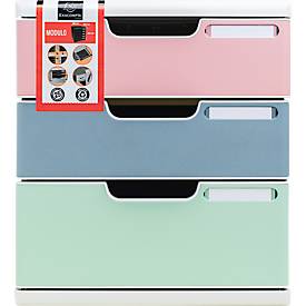 Exacompta Schubladenbox Autentik, für A4/A4+, aus recyceltem Kunststoff, geschlossene Schubladen, stapelbar, leiser Auszug, 3 Schubladen, farbsortiert