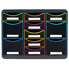 Exacompta Store-Box Multi Black Office Schwarz/Harlekin, 11 offene Schubladen (7 flach/4 hoch), leise, 25 Jahre Garantie 