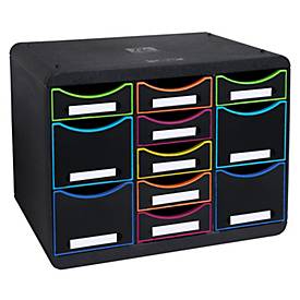 Exacompta Store-Box Multi Black Office Schwarz/Harlekin, 11 offene Schubladen (7 flach/4 hoch), leise, 25 Jahre Garantie 