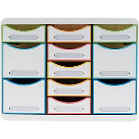 Exacompta Store-Box Multi Iderama Regenbogen, 11 offene Schubladen (7 flach/4 hoch), leise, stapelbar, 25 Jahre Garantie Fragen Erklären