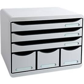Exacompta STOREBOX Office Lichtgrau, 6 offene Schubladen A4+ quer, 27 cm tief, leise, Sicherheitsstopp, stapelbar
