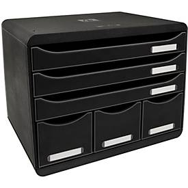 Exacompta STOREBOX Schwarz Glossy, 6 offene Schubladen A4+ quer, 27 cm tief, leise Auszüge, Sicherheitsstopp, stapelbar