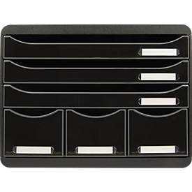 Exacompta STOREBOX Schwarz Glossy, 6 offene Schubladen A4+ quer, 27 cm tief, leise Auszüge, Sicherheitsstopp, stapelbar