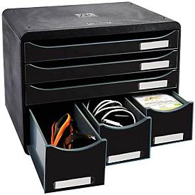 Exacompta STOREBOX Schwarz Glossy, 6 offene Schubladen A4+ quer, 27 cm tief, leise Auszüge, Sicherheitsstopp, stapelbar