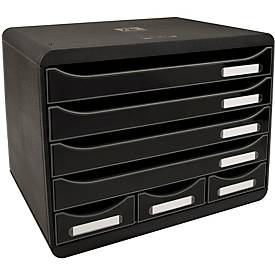 Exacompta STOREBOX Schwarz Glossy, 7 offene Schubladen A4+ im Querformat, 27 cm tief, leise, Sicherheitsstopp, 25 Jahre