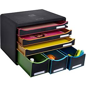 Exacompta STOREBOX Schwarz/Harlekin, 6 offene Schubladen A4+ quer, 27 cm tief, leise Auszüge, Sicherheitsstopp, 25 Jahre