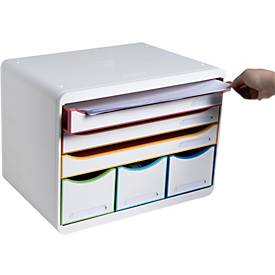 Exacompta STOREBOX Weiß/Harlekin, 6 offene Schubladen A4+ quer, 27 cm tief, leise Auszüge, Sicherheitsstopp, 25 Jahre