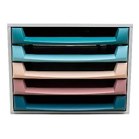 Exacompta THE BOX Schubladenbox A4/A4+ 5 Schübe offen, Skandi Farben sortiert, leise, Sicherheitsstopp