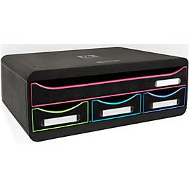 Exacompta TOOLBOX Schwarz/Harlekin, Ablagemodul A4+ mit 4 Schubladen, 27 cm tief, 13,5 cm hoch, stapelbar, 25 Jahre