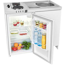 Exquisit Mini-Küche KK1085 mit Masse-Kochfeld, 76 l Kühlschrank, Spüle, Spülschrank, Weiß