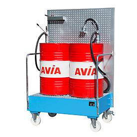 Fahrbare Auffangwanne, aus Stahl, 215 l Auffangvolumen für 2 x 200-Liter Fässer, blau lackiert