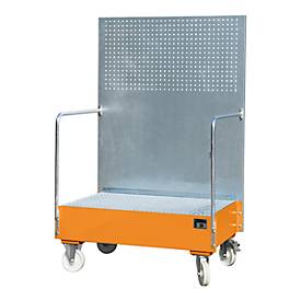 Fahrbare Auffangwanne, aus Stahl, 215 l Auffangvolumen für 2 x 200-Liter Fässer, orange lackiert