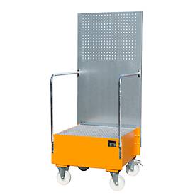 Image of Fahrbare Auffangwanne mit Lochplattenwand, aus Stahl, Kapazität 1 x 200-Liter Fass, orange