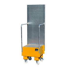 Fahrbare Auffangwanne mit Lochplattenwand, aus Stahl, Kapazität 1 x 60-Liter Fass, orange
