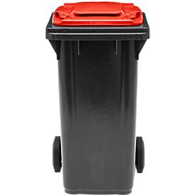 Fahrbare Mülltonne SSI Schäfer GMT eXtra, 120 l, EN 840, vorbereitet für Chipaufnahme, Ziehgriff, 90 % Recycling-Kunststoff, schwarz-rot