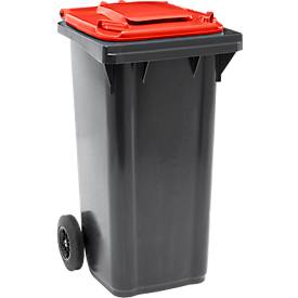 Fahrbare Mülltonne SSI Schäfer GMT eXtra, 120 l, EN 840, vorbereitet für Chipaufnahme, Ziehgriff, 90 % Recycling-Kunststoff, schwarz-rot
