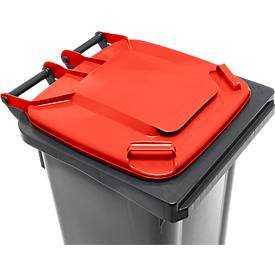 Fahrbare Mülltonne SSI Schäfer GMT eXtra, 120 l, EN 840, vorbereitet für Chipaufnahme, Ziehgriff, 90 % Recycling-Kunststoff, schwarz-rot