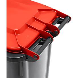 Fahrbare Mülltonne SSI Schäfer GMT eXtra, 120 l, EN 840, vorbereitet für Chipaufnahme, Ziehgriff, 90 % Recycling-Kunststoff, schwarz-rot