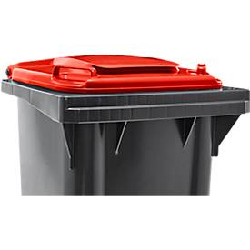Fahrbare Mülltonne SSI Schäfer GMT eXtra, 120 l, EN 840, vorbereitet für Chipaufnahme, Ziehgriff, 90 % Recycling-Kunststoff, schwarz-rot