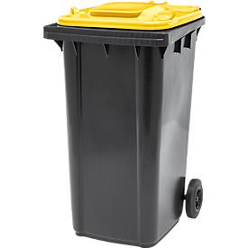 Fahrbare Mülltonne SSI Schäfer GMT eXtra, 240 l, EN 840, vorbereitet für Chipaufnahme, Ziehgriff, 90 % Recycling-Kunststoff, schwarz-gelb
