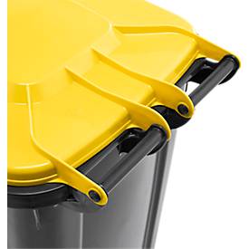 Fahrbare Mülltonne SSI Schäfer GMT eXtra, 240 l, EN 840, vorbereitet für Chipaufnahme, Ziehgriff, 90 % Recycling-Kunststoff, schwarz-gelb