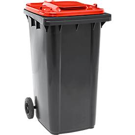 Fahrbare Mülltonne SSI Schäfer GMT eXtra, 240 l, EN 840, vorbereitet für Chipaufnahme, Ziehgriff, 90 % Recycling-Kunststoff, schwarz-rot