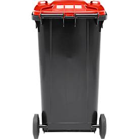 Fahrbare Mülltonne SSI Schäfer GMT eXtra, 240 l, EN 840, vorbereitet für Chipaufnahme, Ziehgriff, 90 % Recycling-Kunststoff, schwarz-rot