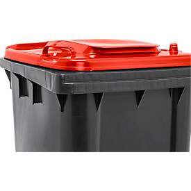 Fahrbare Mülltonne SSI Schäfer GMT eXtra, 240 l, EN 840, vorbereitet für Chipaufnahme, Ziehgriff, 90 % Recycling-Kunststoff, schwarz-rot