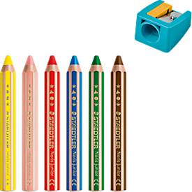 Farbstift Staedtler Noris junior, 3 in 1, Kartonetui, 6 sortierte Farben + Spitzer