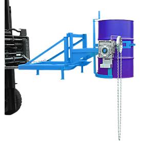 Fasskipper Bauer Typ FD/L, für 110 bis 220 l Fässer, 360 kg, 270° Kippen, mit Endloskette, Stapleraufnahme, lichtblau RAL 5012