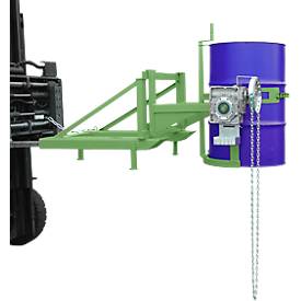 Fasskipper Bauer Typ FD/L, für 110 bis 220 l Fässer, 360 kg, 270° Kippen, mit Endloskette, Stapleraufnahme, resedagrün RAL 6011