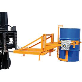 Fasskipper Bauer Typ FD/L, für 110 bis 220 l Fässer, 360 kg, 270° Kippen, mit Handkurbel, Stapleraufnahme, gelborange RAL 2000