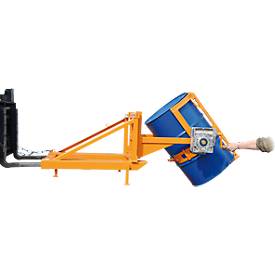 Fasskipper Bauer Typ FD/L, für 110 bis 220 l Fässer, 360 kg, 270° Kippen, mit Handkurbel, Stapleraufnahme, gelborange RAL 2000