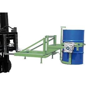 Fasskipper Bauer Typ FD/L, für 110 bis 220 l Fässer, 360 kg, 270° Kippen, mit Handkurbel, Stapleraufnahme, resedagrün RAL 6011