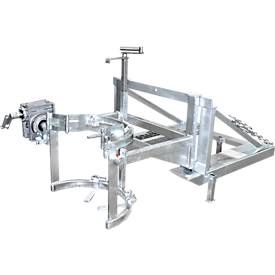 Fasskipper Bauer Typ FD/L, für 110 bis 220 l Fässer, 360 kg, 270° Kippen, mit Handkurbel, Stapleraufnahme, verzinkt