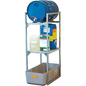 Fassregal Typ 120 Variante 3 CEMO, mit Fass- und Gitterrostauflage für Kleingebinde u. 1 x 60 L Fass