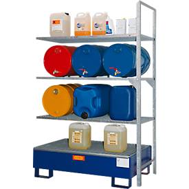 Fassregal Typ 360 CEMO, mit 150 I Stahl-Auffangwanne und Fassauflage, für 6 x 60 I oder Kleingebinde, L 1320 x B 800 x H 1300 mm