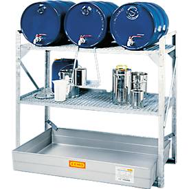 Fassregal Typ 360, für 6 Fässer à 60 l, 2 Gitterrostebenen, 6 Fassauflagen & GFK-Auffangwanne für 150 l