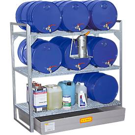 Fassregal Typ 360, für 6 Fässer à 60 l, 2 Gitterrostebenen, 6 Fassauflagen & GFK-Auffangwanne für 150 l
